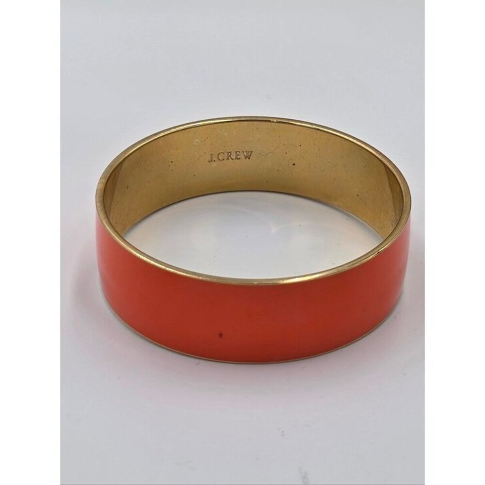 J. Crew Coral Orange Enamel Gold‎ Tone Chunky Bangle Bracelet Minimalist Slip On